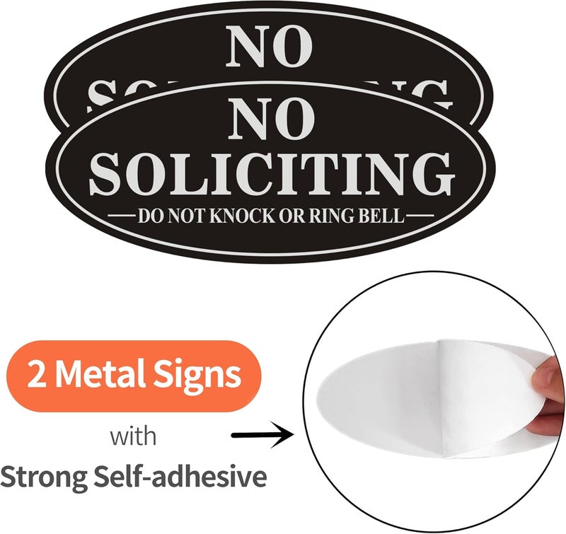 MongFun No Soliciting Sign for House, 2 Pack Self-Adhesive Aluminum Metal No Solitation Do Not Knock or Ring Bell Sign, 7.0 x 3.0 inches Rust Free Signs for Door and Wall (Black/White) - Image 2